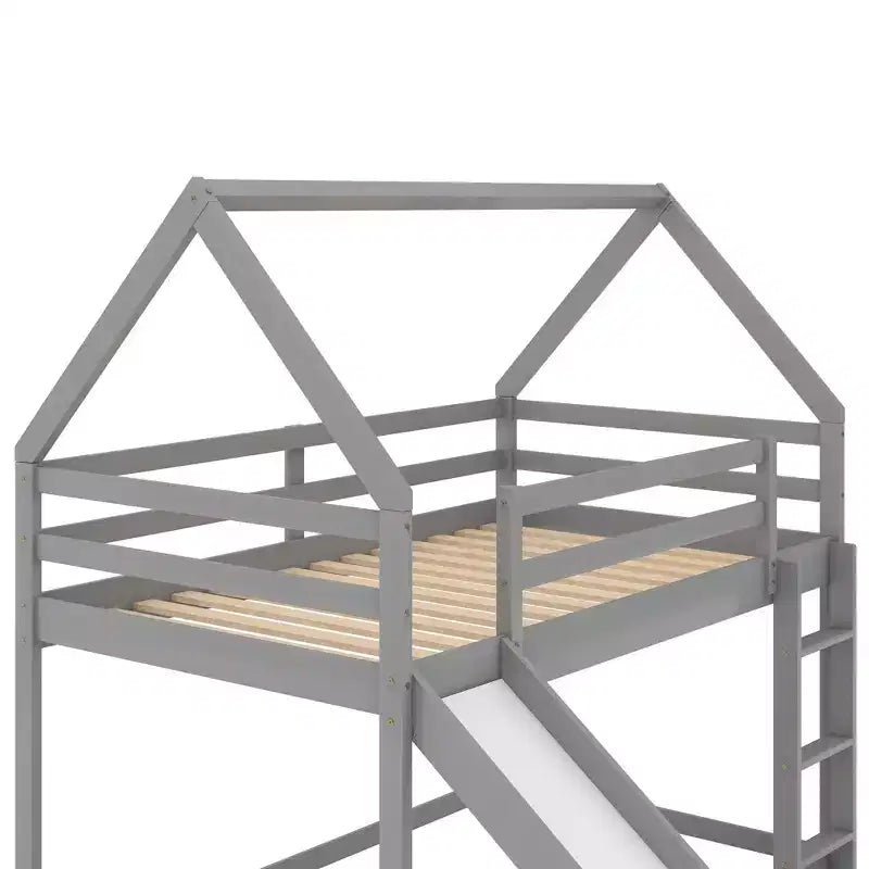 Twin over Twin Floor Bunk Bed, Twin Size House Bunk Bed with Slide, Ladder, Guardrail and Roofs for Girls Boys