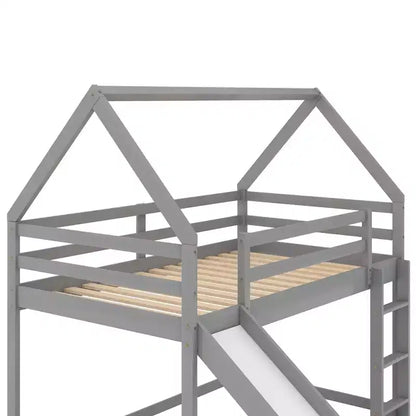 Twin over Twin Floor Bunk Bed, Twin Size House Bunk Bed with Slide, Ladder, Guardrail and Roofs for Girls Boys