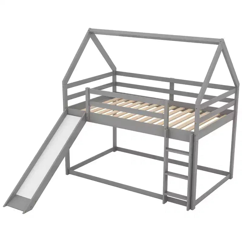 Twin over Twin Floor Bunk Bed, Twin Size House Bunk Bed with Slide, Ladder, Guardrail and Roofs for Girls Boys