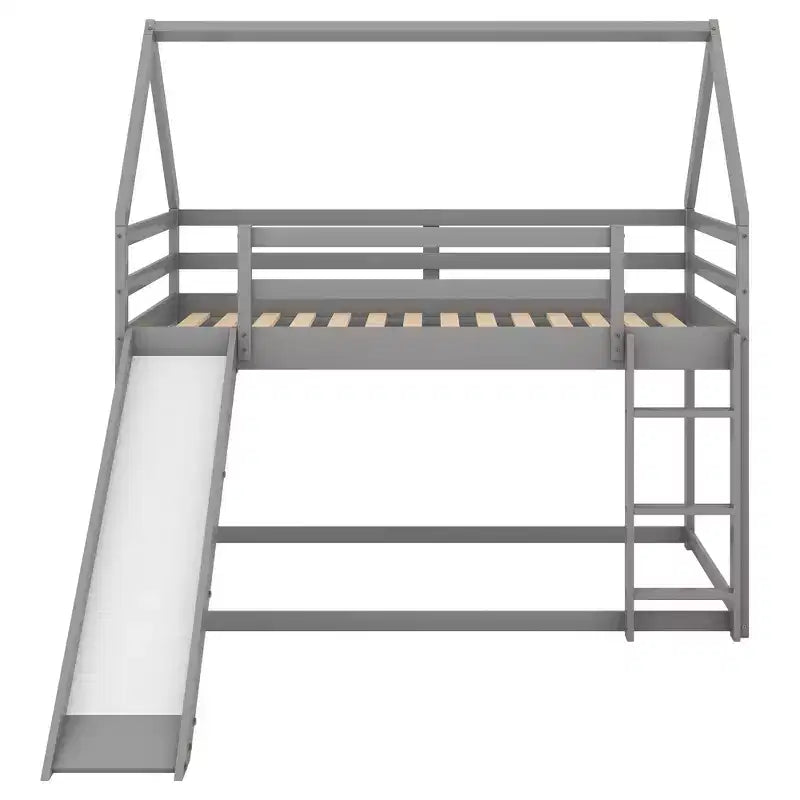 Twin over Twin Floor Bunk Bed, Twin Size House Bunk Bed with Slide, Ladder, Guardrail and Roofs for Girls Boys