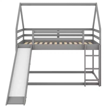 Twin over Twin Floor Bunk Bed, Twin Size House Bunk Bed with Slide, Ladder, Guardrail and Roofs for Girls Boys