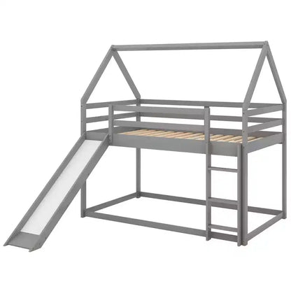 Twin over Twin Floor Bunk Bed, Twin Size House Bunk Bed with Slide, Ladder, Guardrail and Roofs for Girls Boys