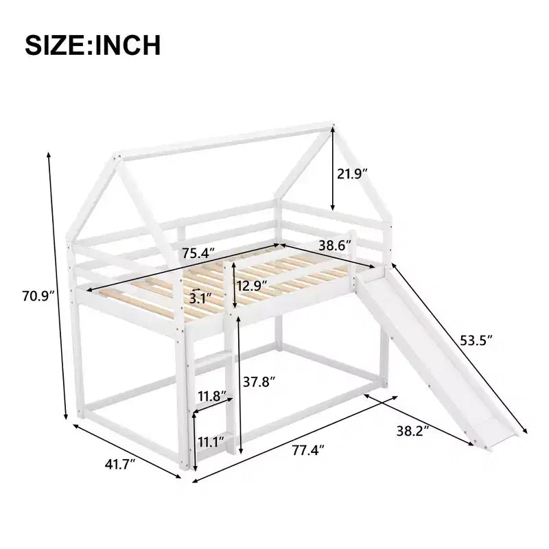 Twin over Twin Floor Bunk Bed, Twin Size House Bunk Bed with Slide, Ladder, Guardrail and Roofs for Girls Boys