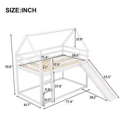 Twin over Twin Floor Bunk Bed, Twin Size House Bunk Bed with Slide, Ladder, Guardrail and Roofs for Girls Boys