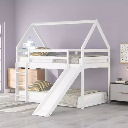 Twin over Twin Floor Bunk Bed, Twin Size House Bunk Bed with Slide, Ladder, Guardrail and Roofs for Girls Boys