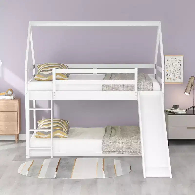 Twin over Twin Floor Bunk Bed, Twin Size House Bunk Bed with Slide, Ladder, Guardrail and Roofs for Girls Boys