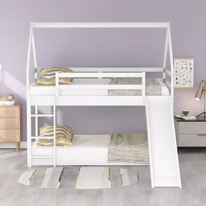 Twin over Twin Floor Bunk Bed, Twin Size House Bunk Bed with Slide, Ladder, Guardrail and Roofs for Girls Boys