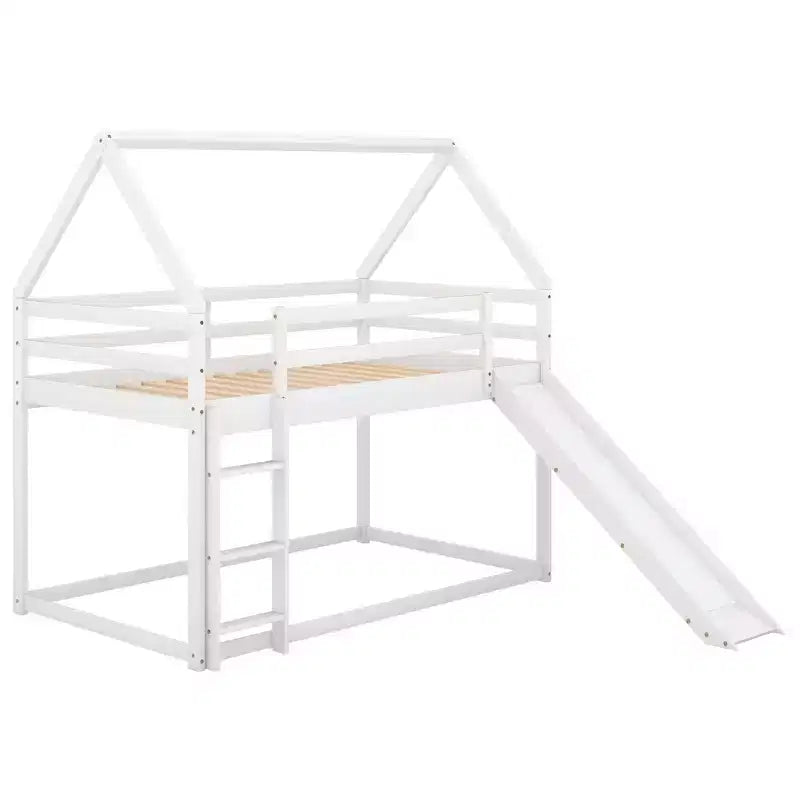 Twin over Twin Floor Bunk Bed, Twin Size House Bunk Bed with Slide, Ladder, Guardrail and Roofs for Girls Boys