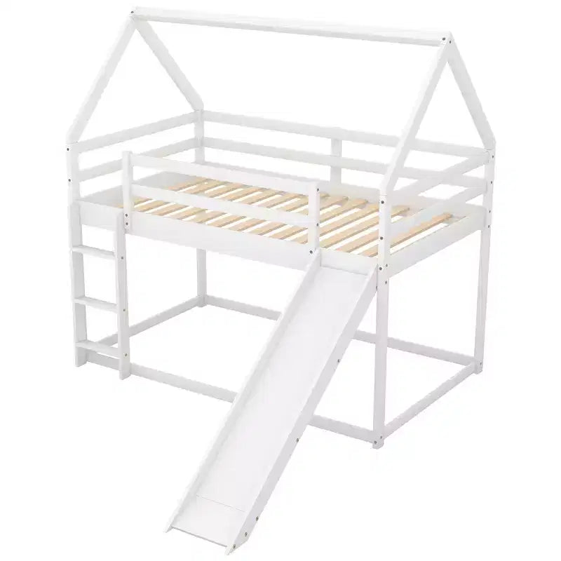 Twin over Twin Floor Bunk Bed, Twin Size House Bunk Bed with Slide, Ladder, Guardrail and Roofs for Girls Boys