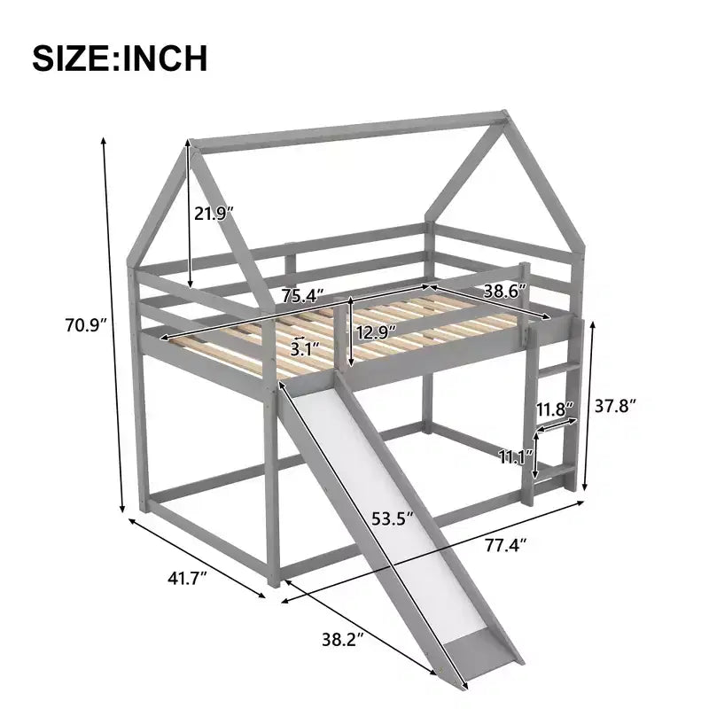 Twin over Twin Floor Bunk Bed, Twin Size House Bunk Bed with Slide, Ladder, Guardrail and Roofs for Girls Boys