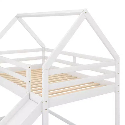 Twin over Twin Floor Bunk Bed, Twin Size House Bunk Bed with Slide, Ladder, Guardrail and Roofs for Girls Boys