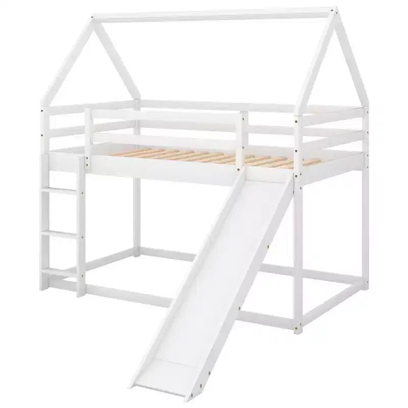 Twin over Twin Floor Bunk Bed, Twin Size House Bunk Bed with Slide, Ladder, Guardrail and Roofs for Girls Boys