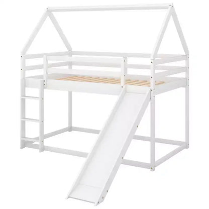 Twin over Twin Floor Bunk Bed, Twin Size House Bunk Bed with Slide, Ladder, Guardrail and Roofs for Girls Boys