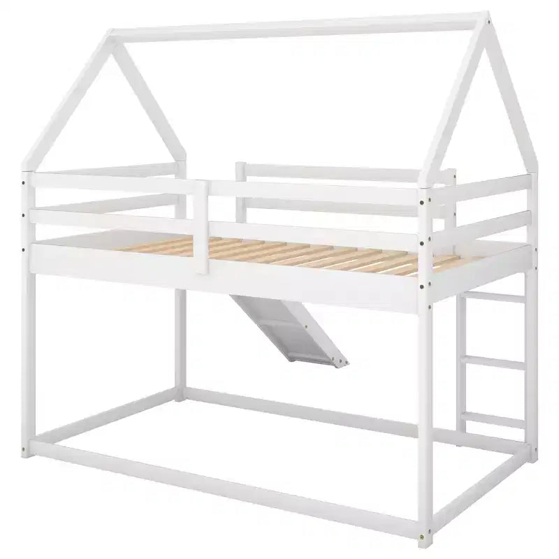 Twin over Twin Floor Bunk Bed, Twin Size House Bunk Bed with Slide, Ladder, Guardrail and Roofs for Girls Boys