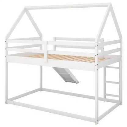 Twin over Twin Floor Bunk Bed, Twin Size House Bunk Bed with Slide, Ladder, Guardrail and Roofs for Girls Boys