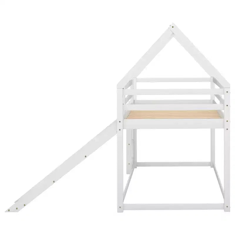 Twin over Twin Floor Bunk Bed, Twin Size House Bunk Bed with Slide, Ladder, Guardrail and Roofs for Girls Boys