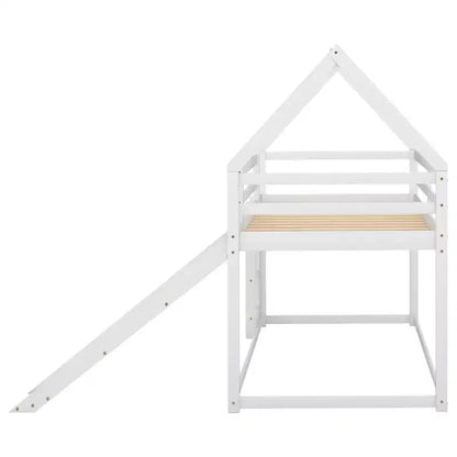 Twin over Twin Floor Bunk Bed, Twin Size House Bunk Bed with Slide, Ladder, Guardrail and Roofs for Girls Boys