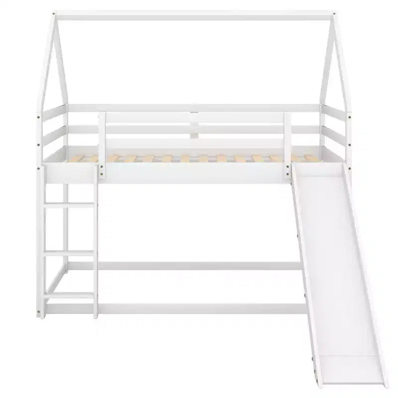 Twin over Twin Floor Bunk Bed, Twin Size House Bunk Bed with Slide, Ladder, Guardrail and Roofs for Girls Boys
