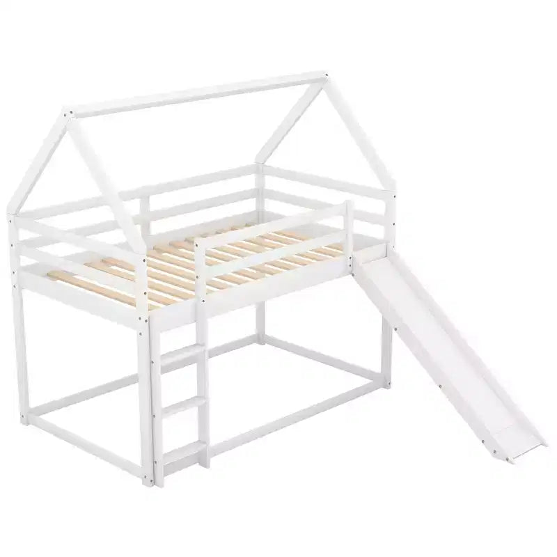 Twin over Twin Floor Bunk Bed, Twin Size House Bunk Bed with Slide, Ladder, Guardrail and Roofs for Girls Boys