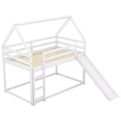 Twin over Twin Floor Bunk Bed, Twin Size House Bunk Bed with Slide, Ladder, Guardrail and Roofs for Girls Boys