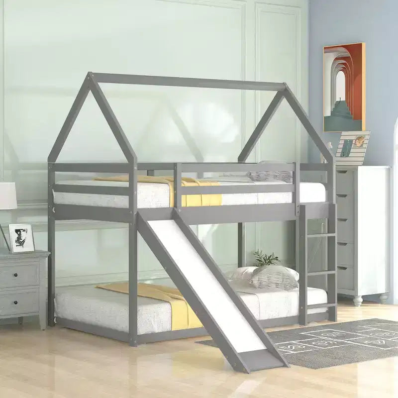 Twin over Twin Floor Bunk Bed, Twin Size House Bunk Bed with Slide, Ladder, Guardrail and Roofs for Girls Boys