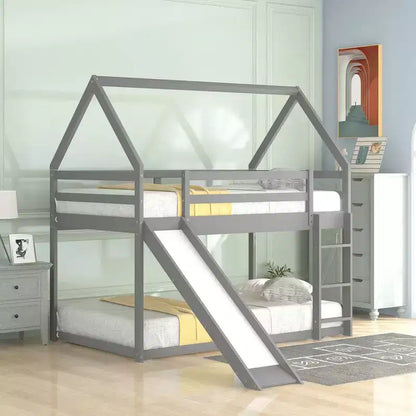 Twin over Twin Floor Bunk Bed, Twin Size House Bunk Bed with Slide, Ladder, Guardrail and Roofs for Girls Boys