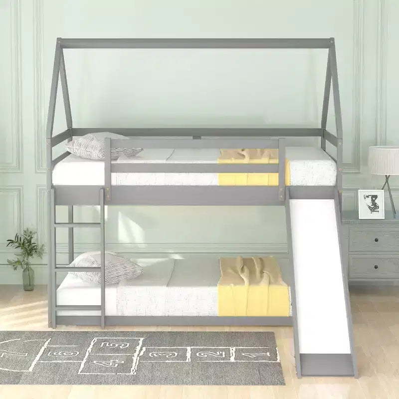 Twin over Twin Floor Bunk Bed, Twin Size House Bunk Bed with Slide, Ladder, Guardrail and Roofs for Girls Boys