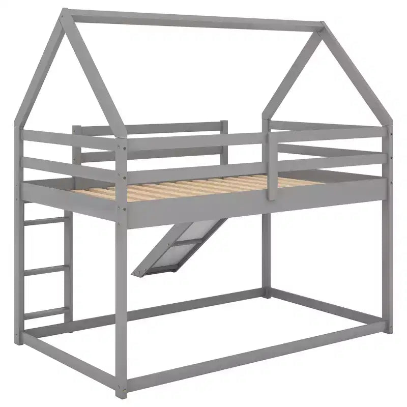 Twin over Twin Floor Bunk Bed, Twin Size House Bunk Bed with Slide, Ladder, Guardrail and Roofs for Girls Boys