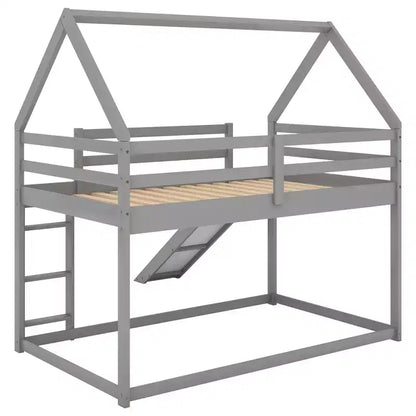 Twin over Twin Floor Bunk Bed, Twin Size House Bunk Bed with Slide, Ladder, Guardrail and Roofs for Girls Boys