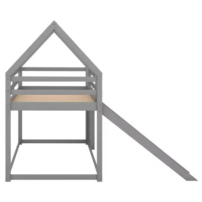Twin over Twin Floor Bunk Bed, Twin Size House Bunk Bed with Slide, Ladder, Guardrail and Roofs for Girls Boys