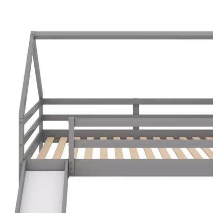 Twin over Twin Floor Bunk Bed, Twin Size House Bunk Bed with Slide, Ladder, Guardrail and Roofs for Girls Boys