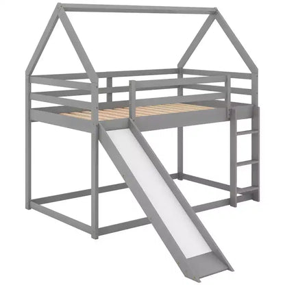 Twin over Twin Floor Bunk Bed, Twin Size House Bunk Bed with Slide, Ladder, Guardrail and Roofs for Girls Boys