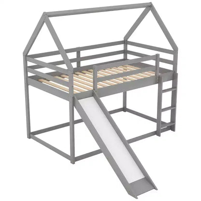 Twin over Twin Floor Bunk Bed, Twin Size House Bunk Bed with Slide, Ladder, Guardrail and Roofs for Girls Boys
