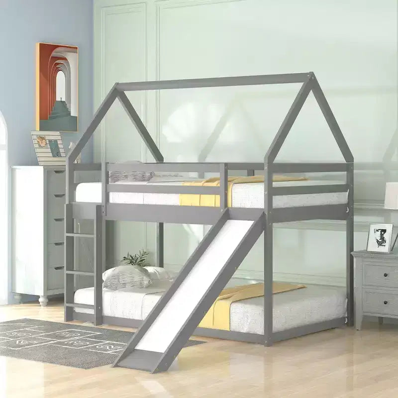 Twin over Twin Floor Bunk Bed, Twin Size House Bunk Bed with Slide, Ladder, Guardrail and Roofs for Girls Boys