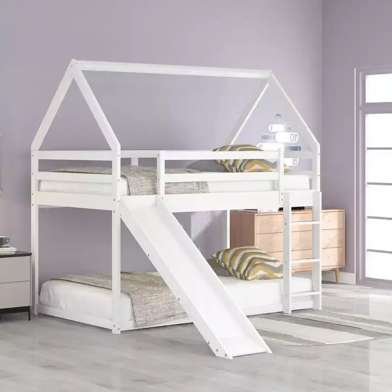 Twin over Twin Floor Bunk Bed, Twin Size House Bunk Bed with Slide, Ladder, Guardrail and Roofs for Girls Boys