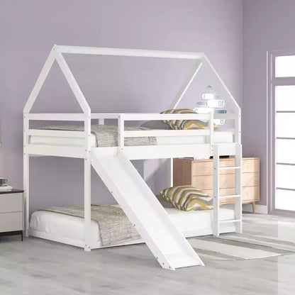 Twin over Twin Floor Bunk Bed, Twin Size House Bunk Bed with Slide, Ladder, Guardrail and Roofs for Girls Boys