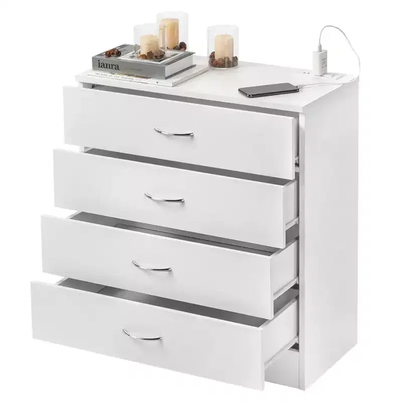 PB Wood Simple 4-Drawer Nightstand with USB Ports & Outlet, White
