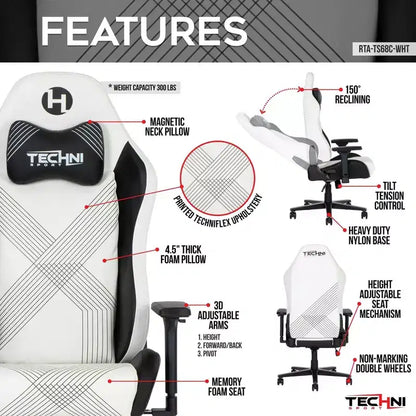 Chaise de jeu Techni Sport RTA-TS68C-WHT Comfort Edge, blanche