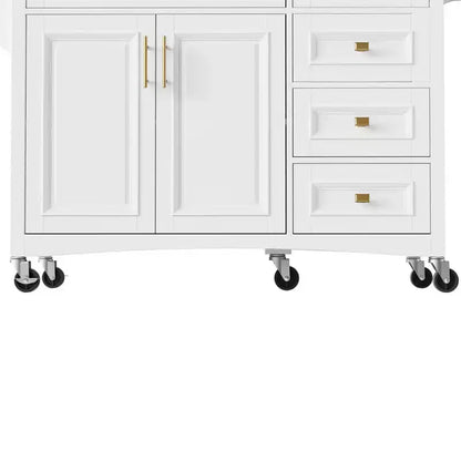 Îlot de cuisine de ferme de 132 cm avec abattant, chariot de rangement roulant avec 2 armoires, 5 tiroirs, porte-épices et porte-serviettes, étagères réglables