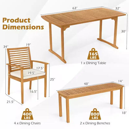 Costway Ensemble repas de jardin 6 pièces en bois d'acacia, table rectangulaire avec 4 chaises et un banc