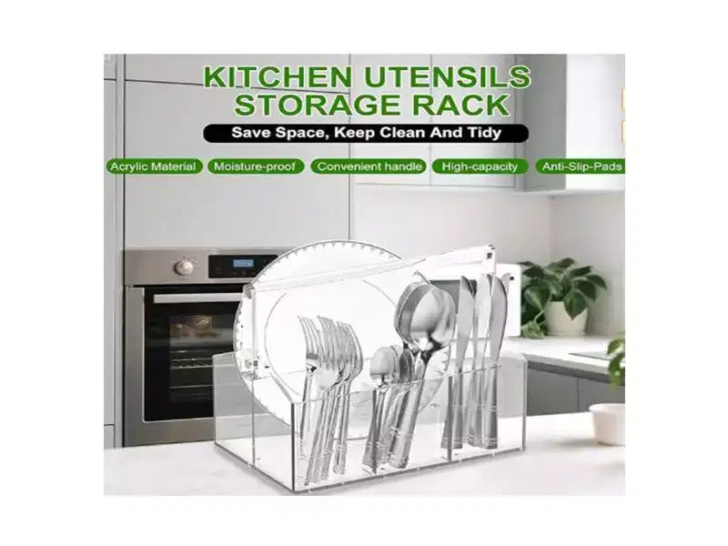 Acrylic Utensil Caddy with Handle  Clear Plastic Silverware Organizer,Flatware Holder & Paper Plate Dispenser for Kitchen,Parties&Picnic
