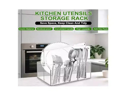 Acrylic Utensil Caddy with Handle  Clear Plastic Silverware Organizer,Flatware Holder & Paper Plate Dispenser for Kitchen,Parties&Picnic