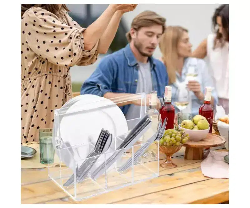 Acrylic Utensil Caddy with Handle  Clear Plastic Silverware Organizer,Flatware Holder & Paper Plate Dispenser for Kitchen,Parties&Picnic