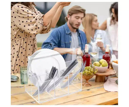 Acrylic Utensil Caddy with Handle  Clear Plastic Silverware Organizer,Flatware Holder & Paper Plate Dispenser for Kitchen,Parties&Picnic
