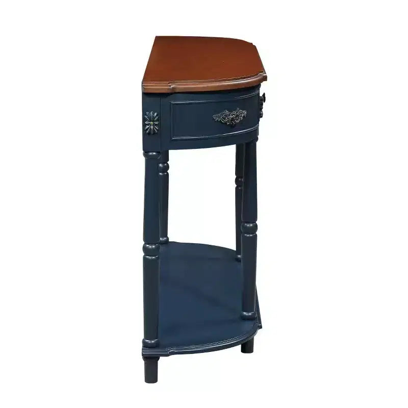 Hostack Table console rétro incurvée en bois de 52 po avec étagère ouverte et 2 tiroirs pour le salon et le couloir, bleu marine et dessus marron