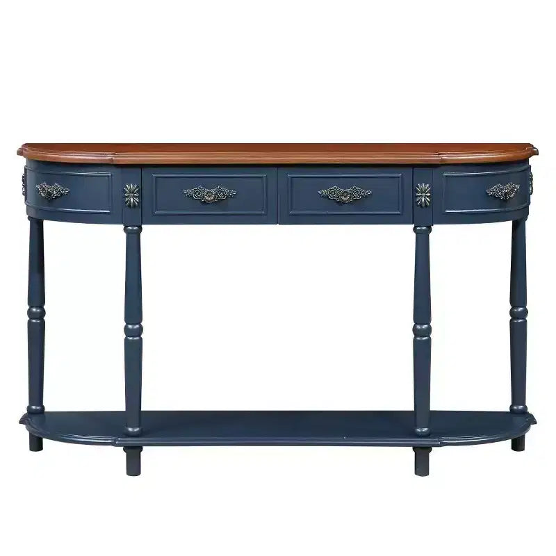 Hostack Table console rétro incurvée en bois de 52 po avec étagère ouverte et 2 tiroirs pour le salon et le couloir, bleu marine et dessus marron