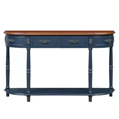 Hostack Table console rétro incurvée en bois de 52 po avec étagère ouverte et 2 tiroirs pour le salon et le couloir, bleu marine et dessus marron