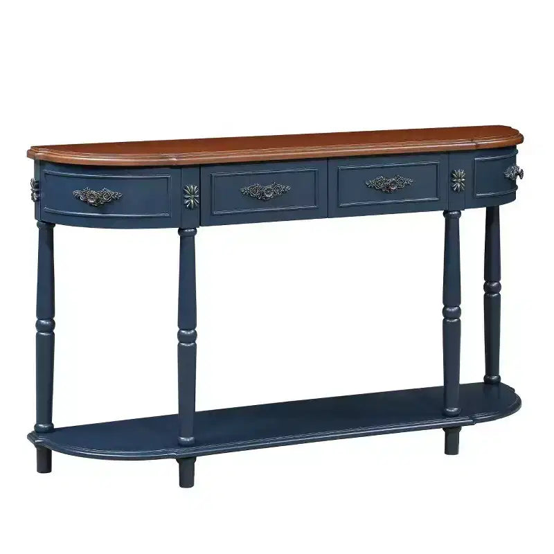 Hostack Table console rétro incurvée en bois de 52 po avec étagère ouverte et 2 tiroirs pour le salon et le couloir, bleu marine et dessus marron