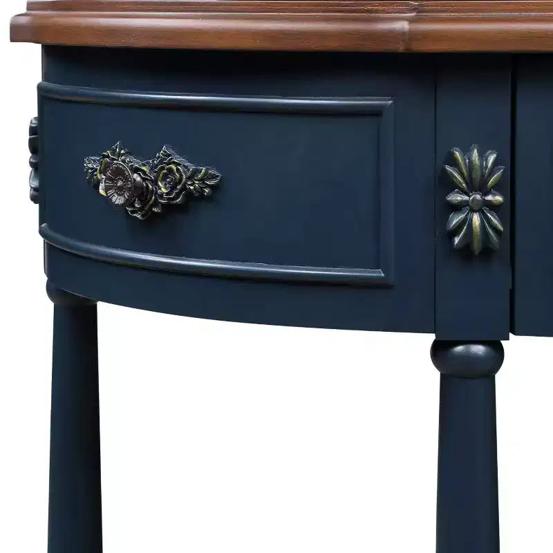 Hostack Table console rétro incurvée en bois de 52 po avec étagère ouverte et 2 tiroirs pour le salon et le couloir, bleu marine et dessus marron