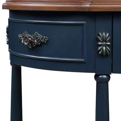 Hostack Table console rétro incurvée en bois de 52 po avec étagère ouverte et 2 tiroirs pour le salon et le couloir, bleu marine et dessus marron